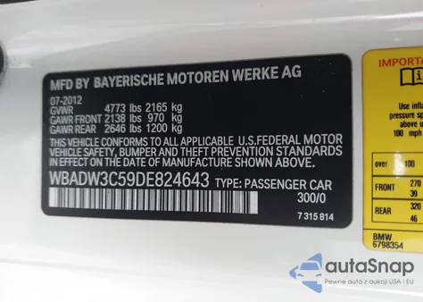 2013 BMW 328I z USA, uszkodzony, nr VIN WBADW3C59DE824643